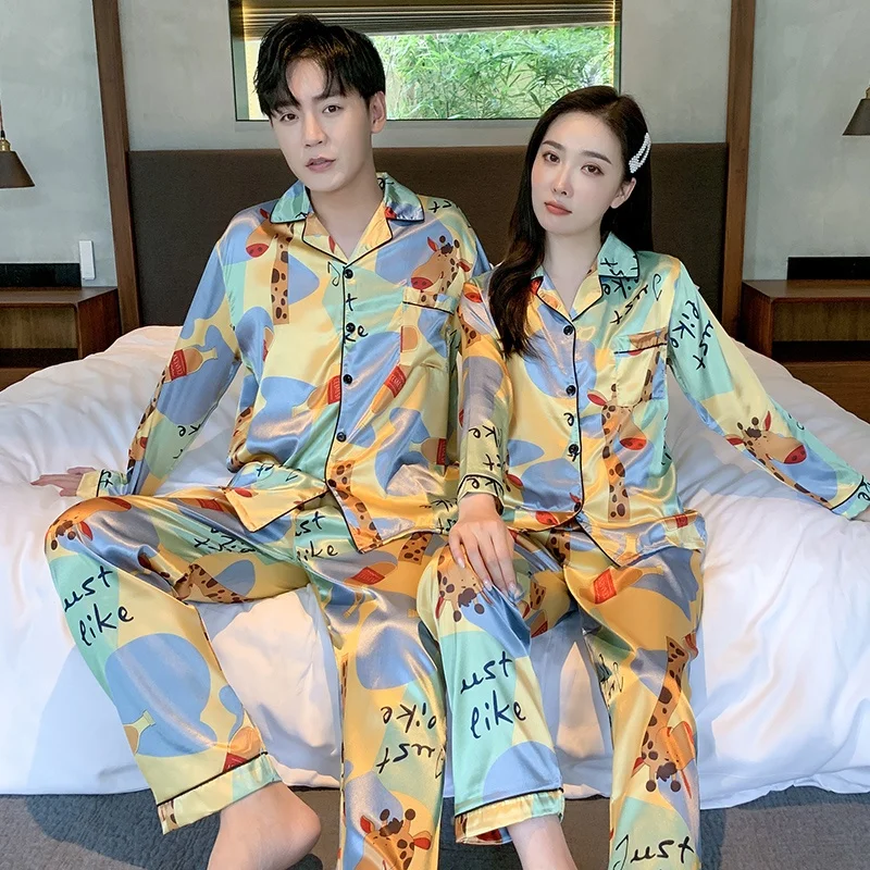New couple pajamas spring and summer simulation silk printing pajamas suit long and short sleeve  cartoon cute couple suit