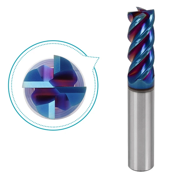Solid Carbide End Mill 4 Flute Blue Coating Milling Cutter For Hrc65 Hardened Steel Machining