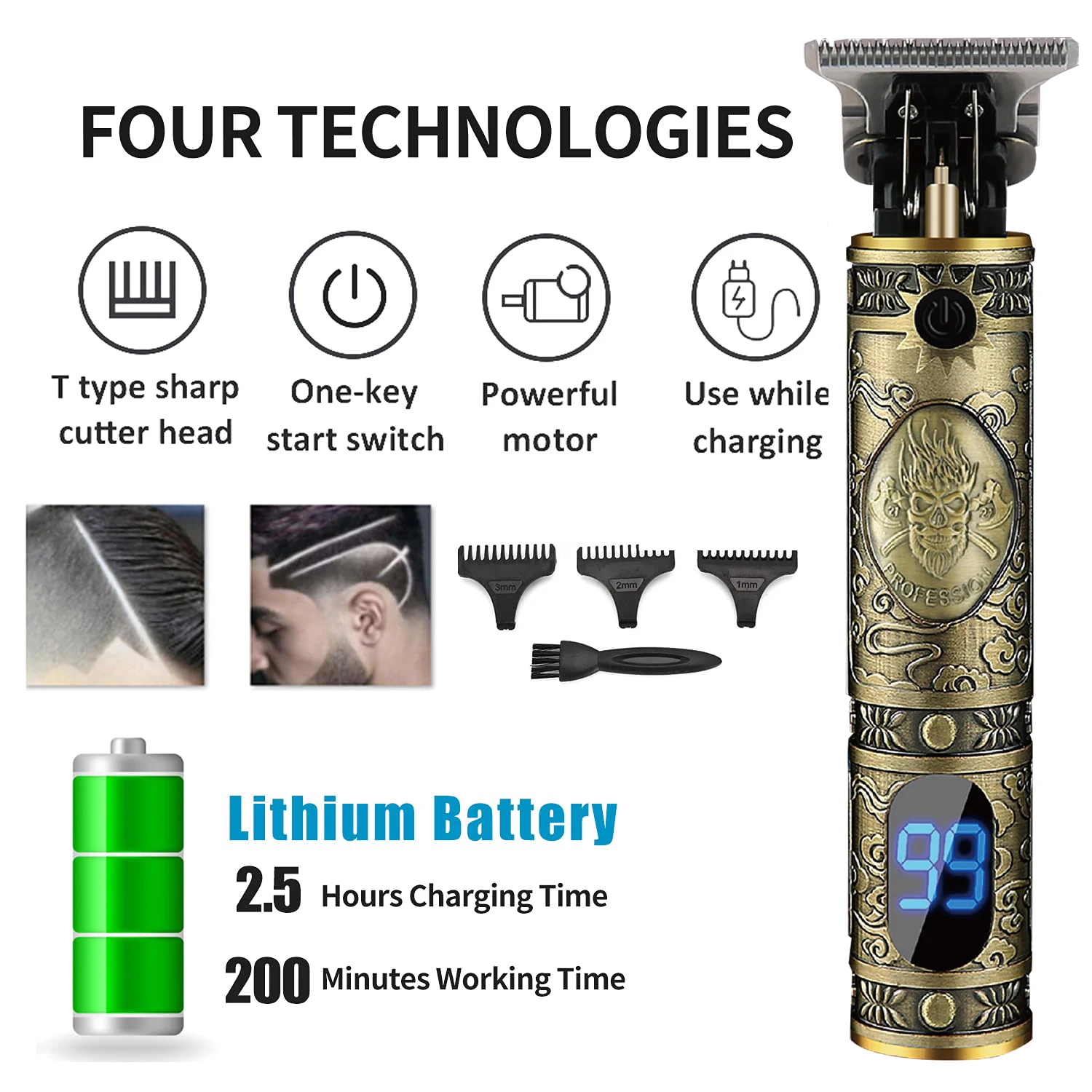 LCD Display Professional Rechargeable Cordless 10W 1500mA Salon Barber Hair Cut Machine T Type Sharp Cutter Head Hair Clipper