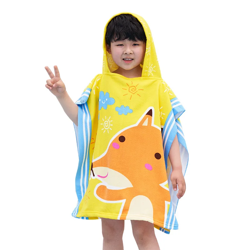 Wholesale High Quality Quick Dry Sand Free Surf Swim Custom Cartoon Print Kids Beach Hooded Poncho Towels