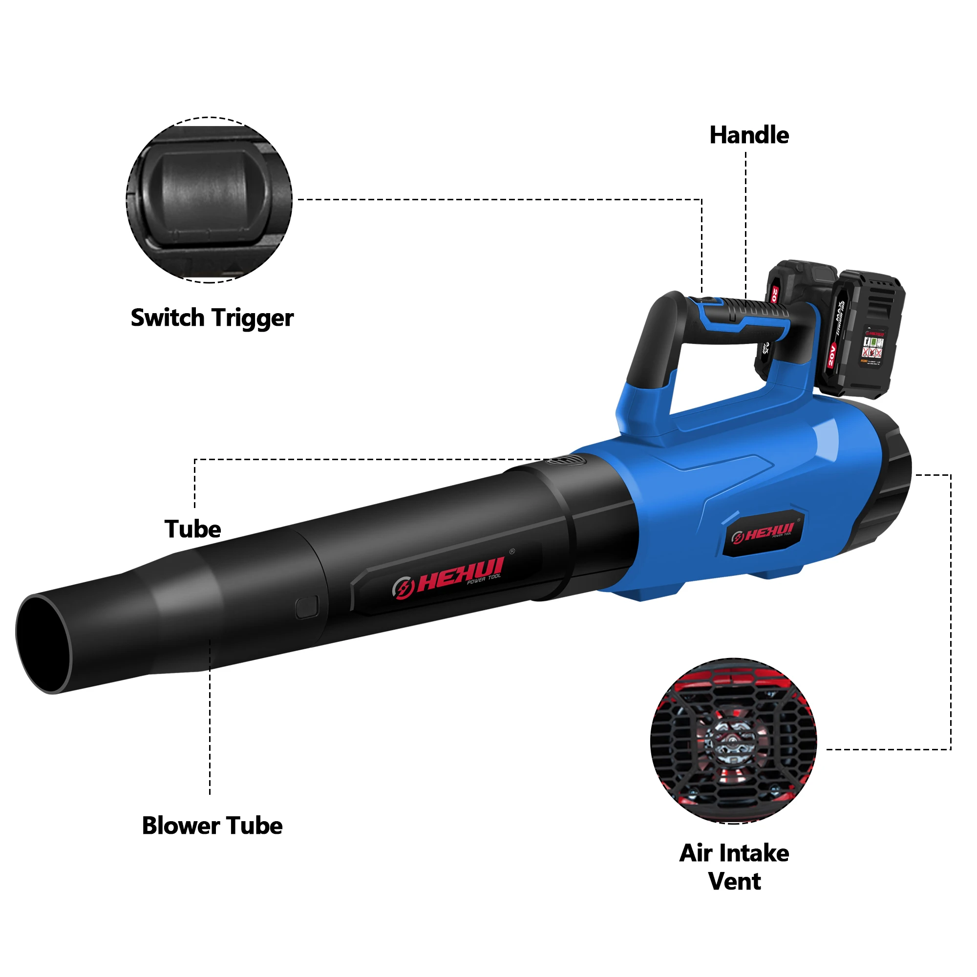 Hehui 20V Portable Battery Cordless Blower High Speed Leaf Vacuum Cleaner Fan Dust Snow Garden Car Air Handheld Blower