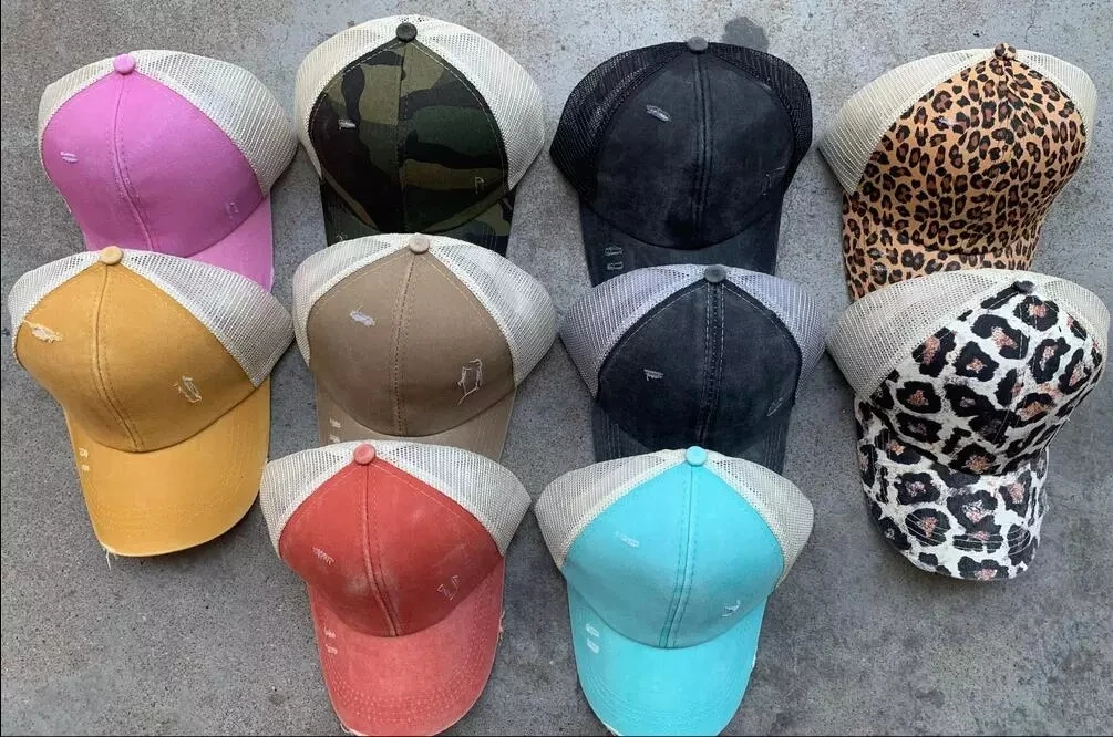 Women Leopard Print Distressed Trucker Hat Washed Cotton Ponytail Baseball Sports Caps Messy Bun CrissCross Ponytail Hat
