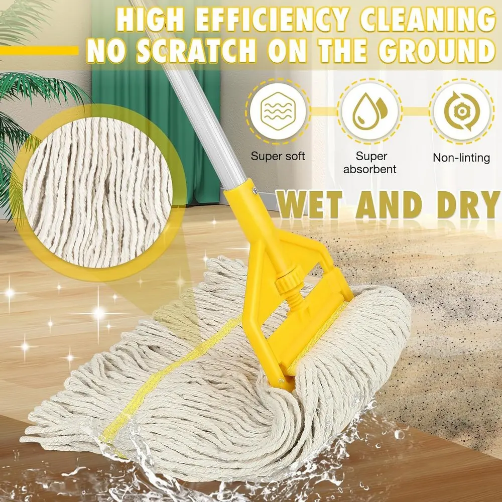 Commercial Heavy Duty Industrial Mop with Long Handle Looped-End String Wet Mop Telescopic Iron Pole Heavy Duty Cotton Mop