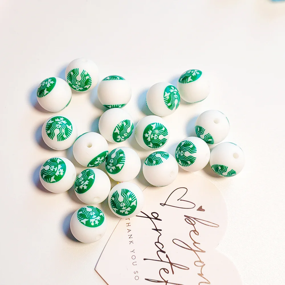 Popular Food Grade 15mm Designer L CC Star Bk Print Chewing Silicone Focal Beads Silicone Printed Beads For Pen Making