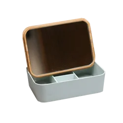 Modern luxury multi purpose pretty makeup case bamboo cosmetic box jewelry storage organizer with lid mirror for women beauty