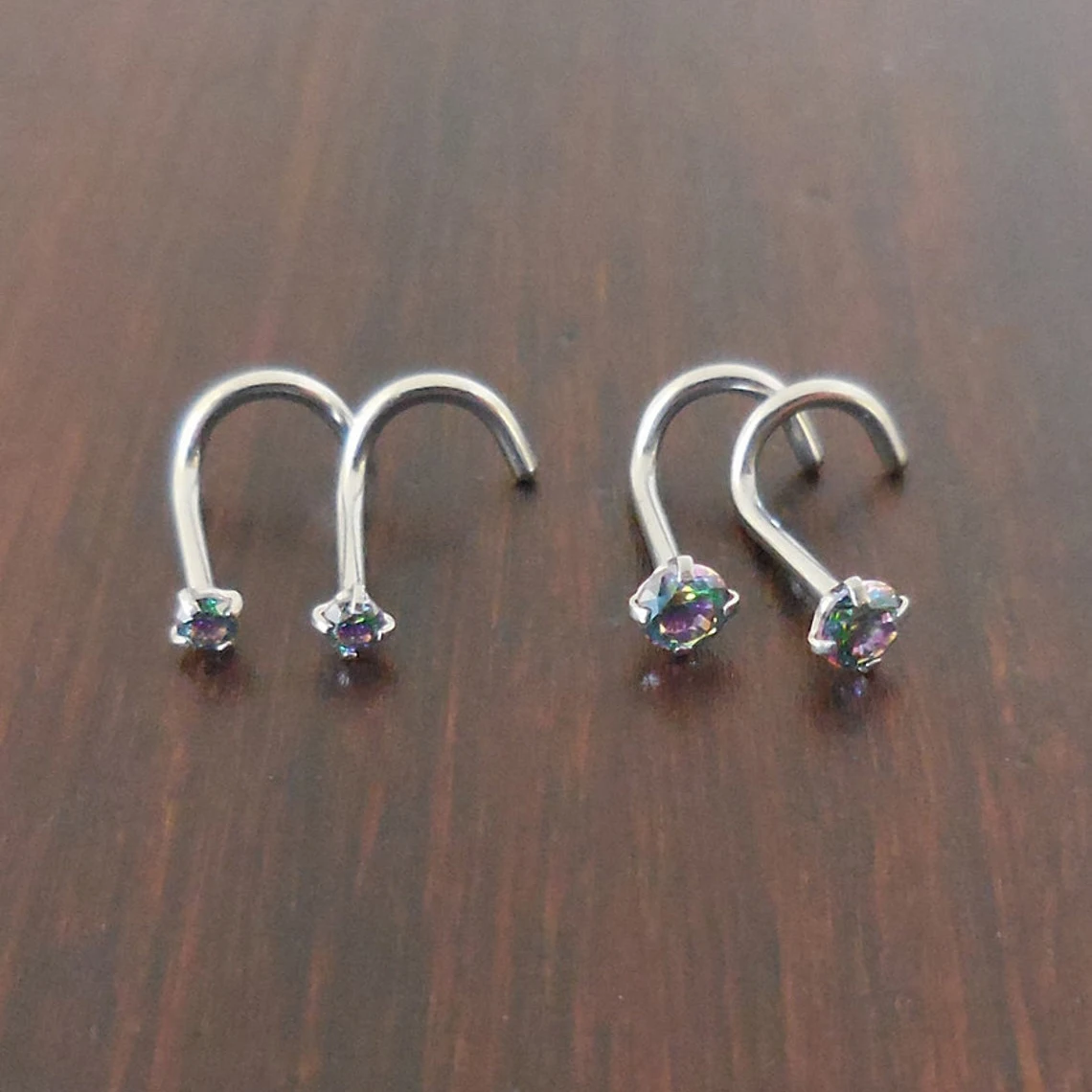 Pair 2mm or 3mm Prong Set Screws Nose Rings Many Colors Stainless Steel Gold Tone Rainbow Prism Crystal CZ 20G or 18G