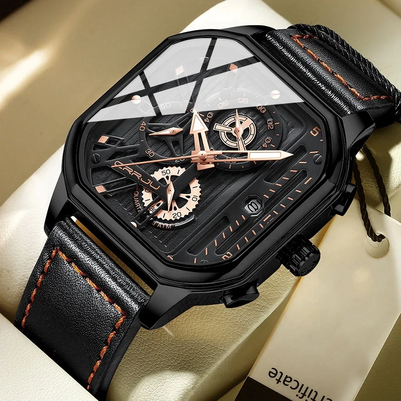Fashion Square Dial Leather Mens Watches Luxury Sport Waterproof Watch Man Chronograph Quartz WristWatches