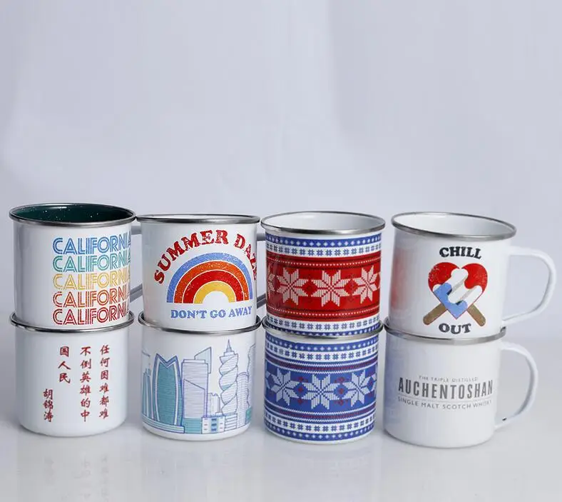Enamel Camping Travel Cup with stainless steel rim,  stainless steel enamel Tin office 12oz travel mug