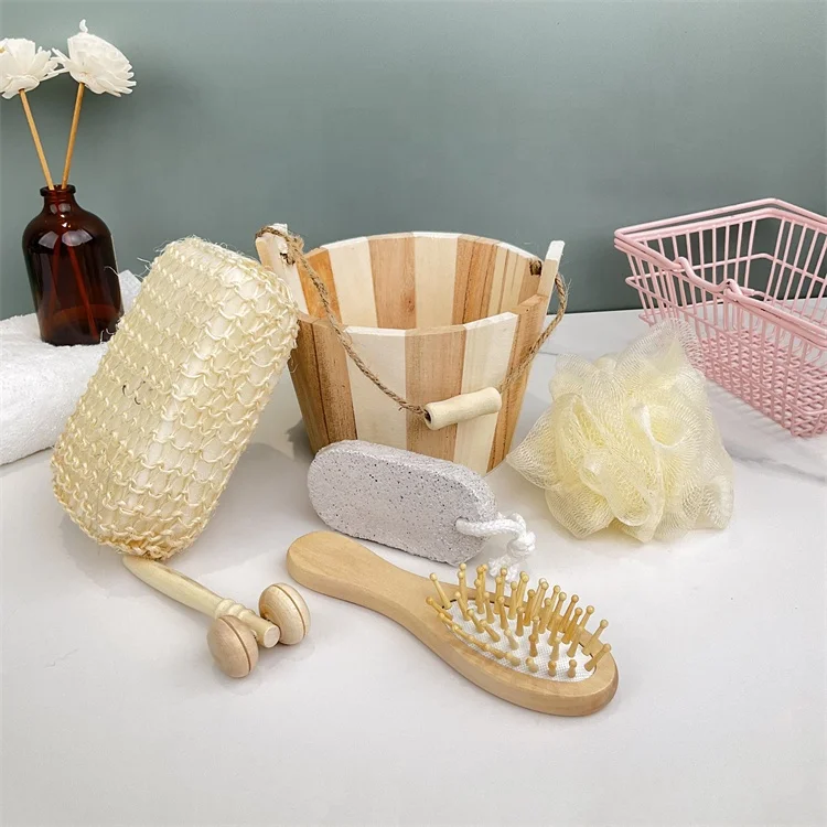 Bath Supplies 6 Pieces Set Bath Sponge Wooden Hair Comb Loofah Sponge Foot Care Pumice Stone Wood Massager Tools Shower Set