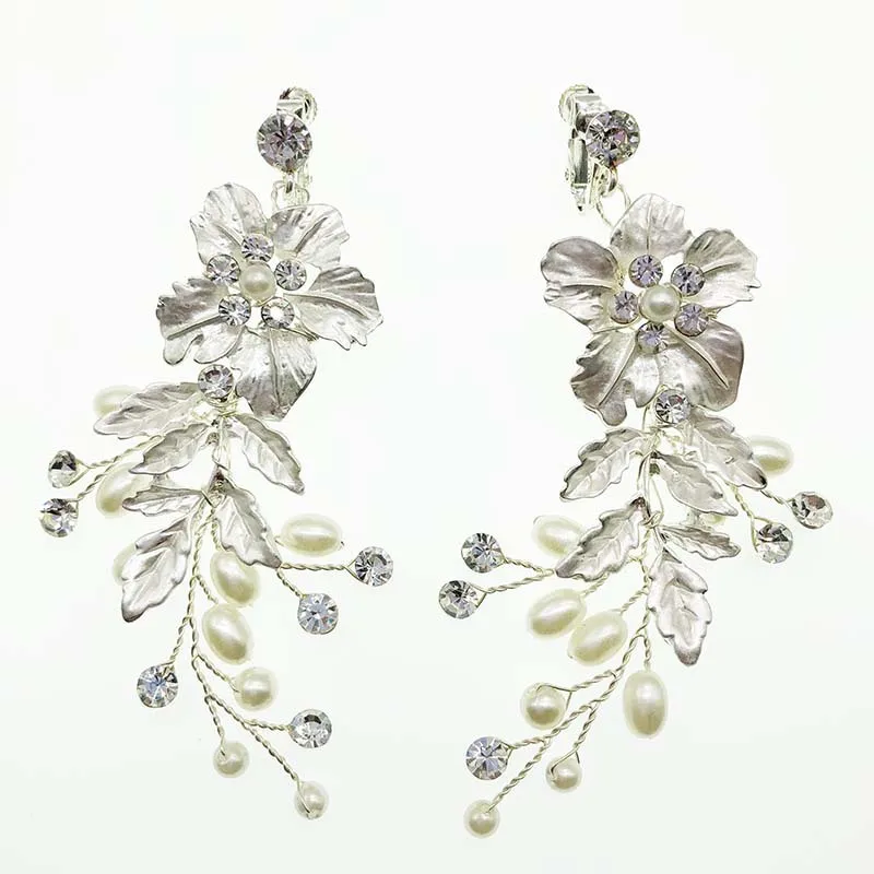 SLBRIDAL ручной работы со стразами с украшением в виде кристаллов цветами и жемчугом клип на свадебные серьги-подвески форме люстра серьги для женщин ювелирные изделия девушек