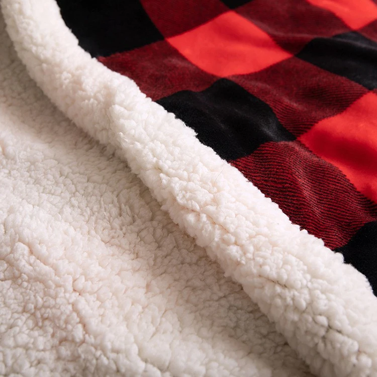 Hot Sale Classic Style Red and Black Checked Printed Design Double Woven Lamb Wool Throw Blanket