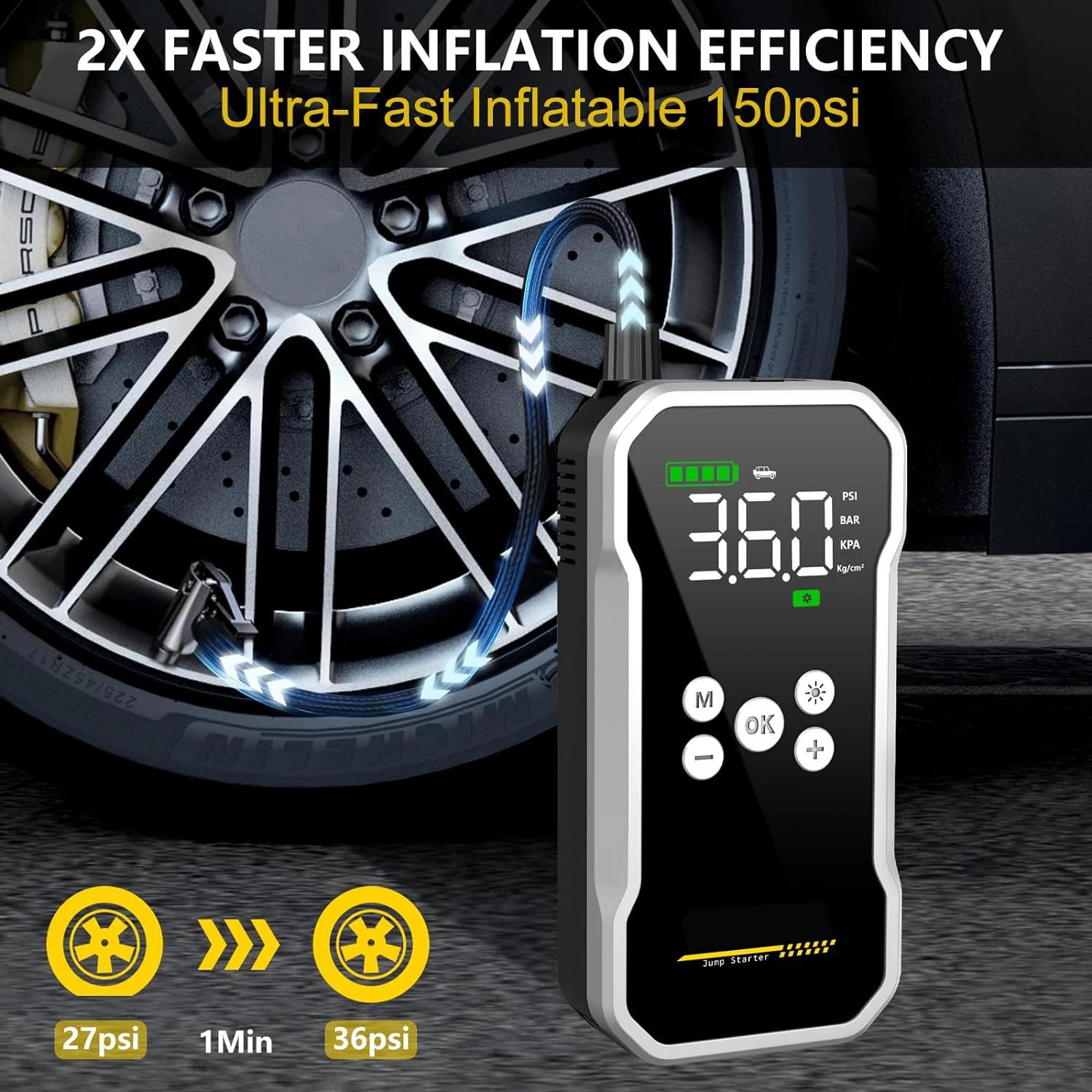 2024 4000A 12V Truck Jump Starter with Air Compressor 15800mAh with LED Strobe Light Portable with Carry Bag