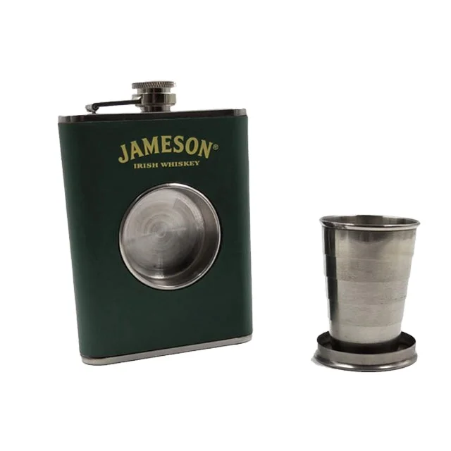 
8 oz leather stainless steel hip flask with shot glass 