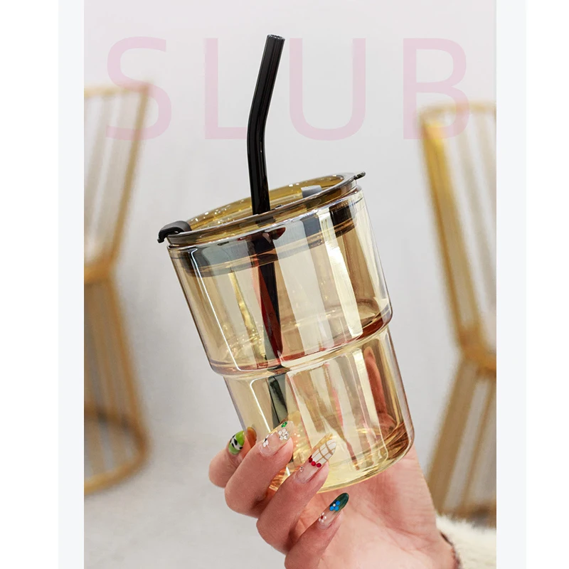 wholesale 420ml  transparent bamboo festival glass  iced coffee milk cup  with straw and lid  office water bottle for presents