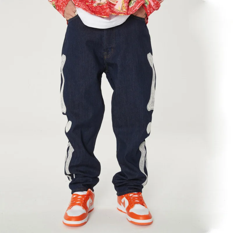 street wear custom hiphop baggy distressed fashion men rhinestone jeans