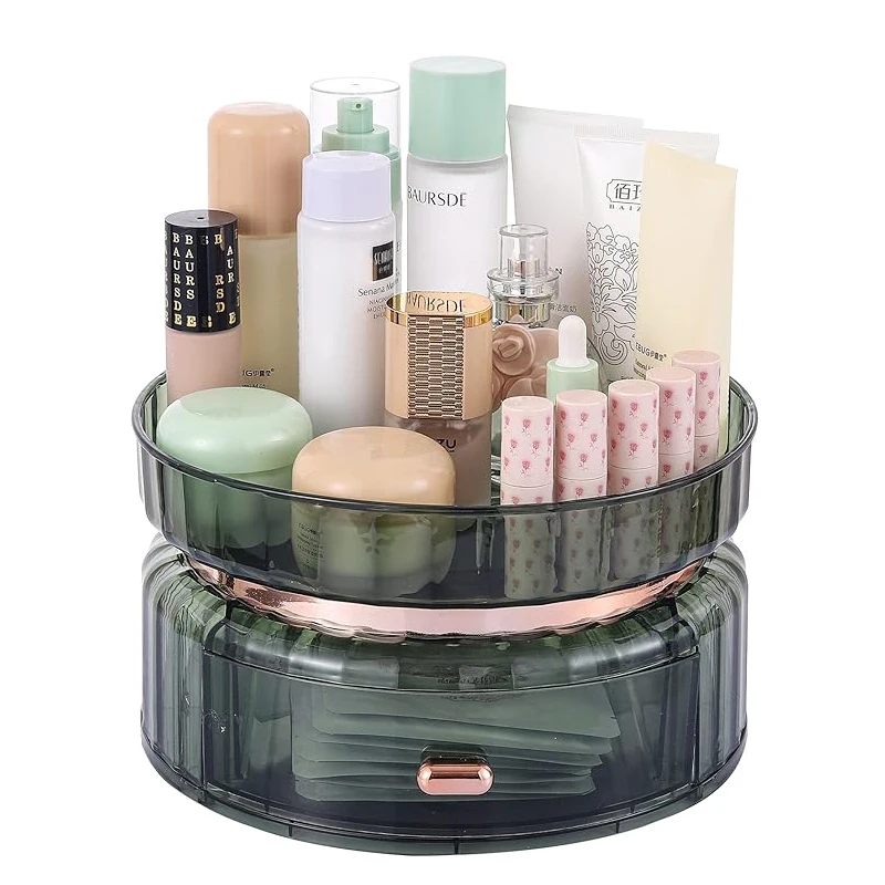 360 Rotating Makeup Organizer Perfume Tray with Drawers Bathroom Countertop Vanity Lazy Susan Cosmetic Display Case