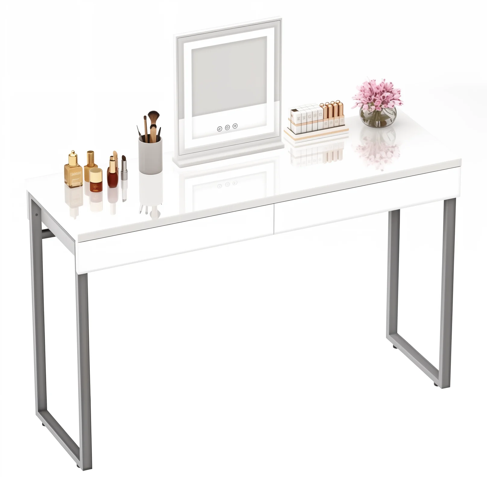 GreenForest Glossy White Dressing Table with 2 Drawers, 100x40 cm, Makeup Vanity Console with Silver Legs for Small Spaces