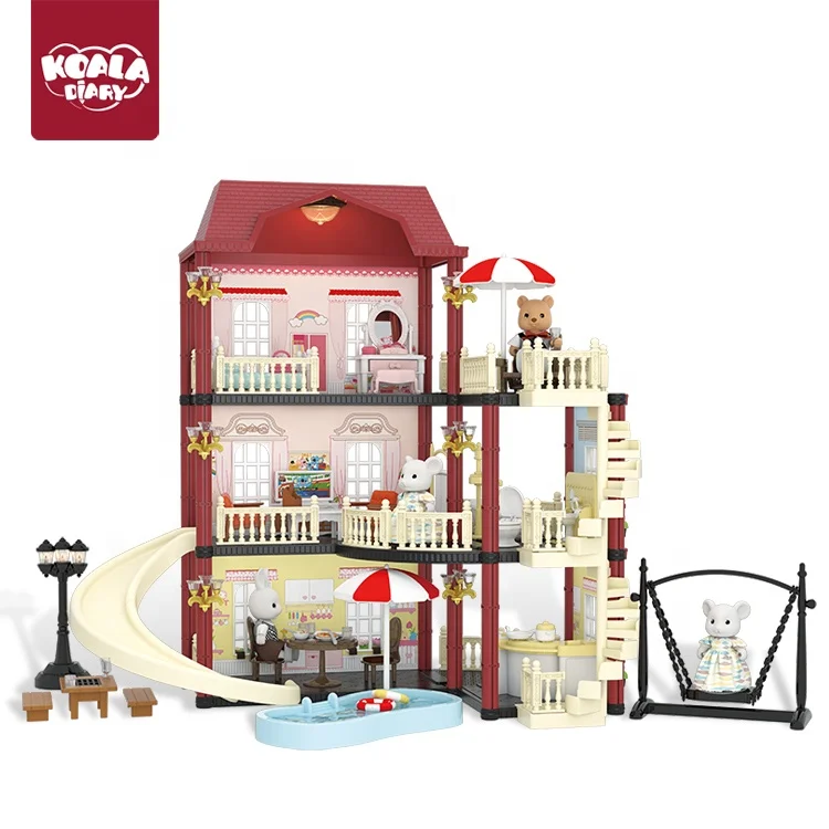 Diy Dollhouse for Girls with Swimming Pool and Slide, Doll House Miniature Furniture Kit, Dollhouse Play Set for Kids