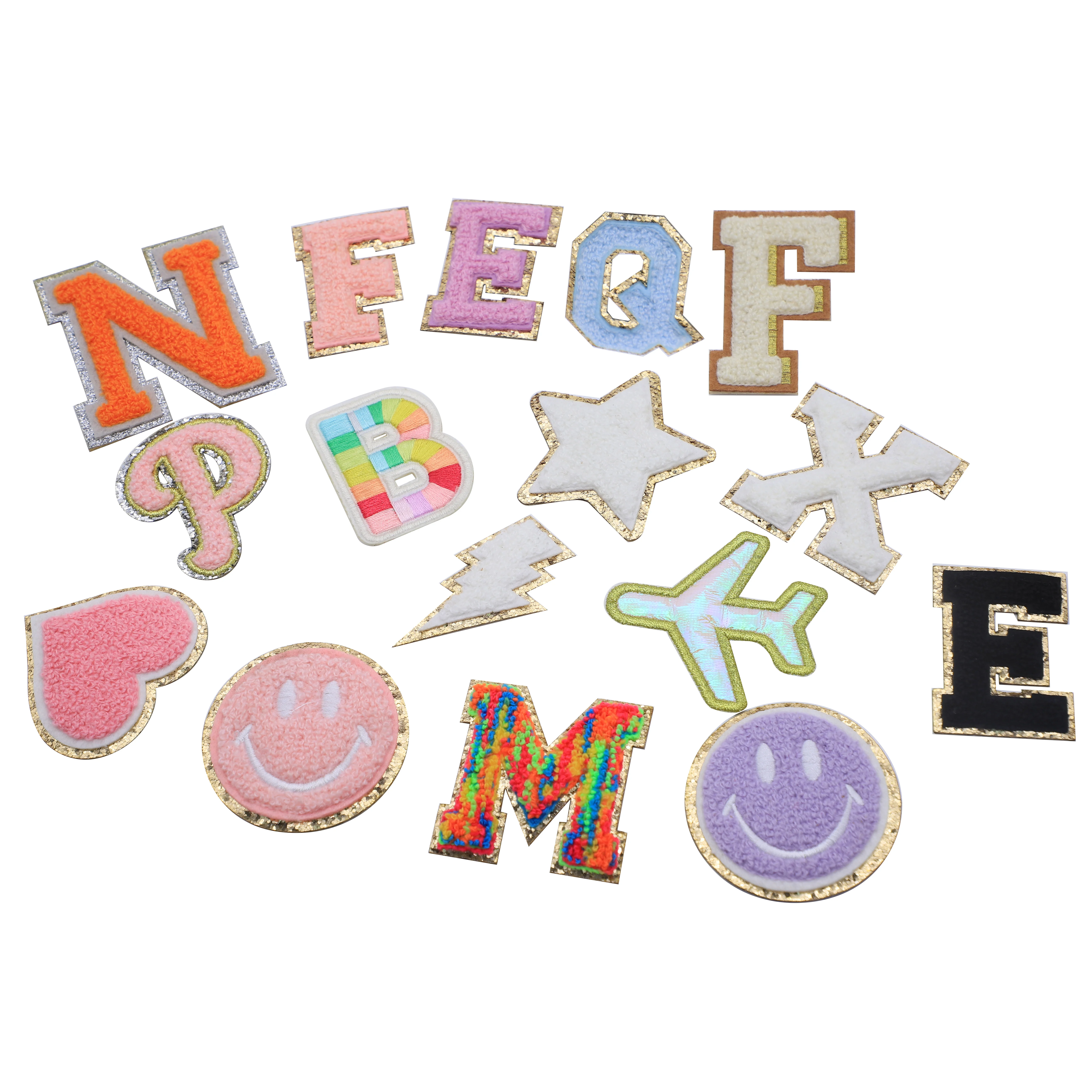 Custom Varsity Light Blue Chenille Glitter Letter Patches  Phone Case Chenille Leather A-Z Patch Embroidery