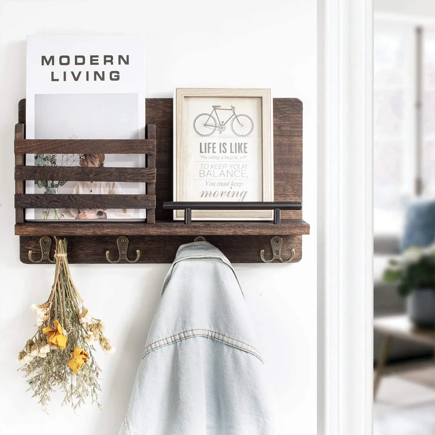 Wooden Mail and Key Holder for Wall Decorative  Rustic Wall Mounted Mail Organizer with 4 Double Key Hooks and 1 Mail Sorter - P