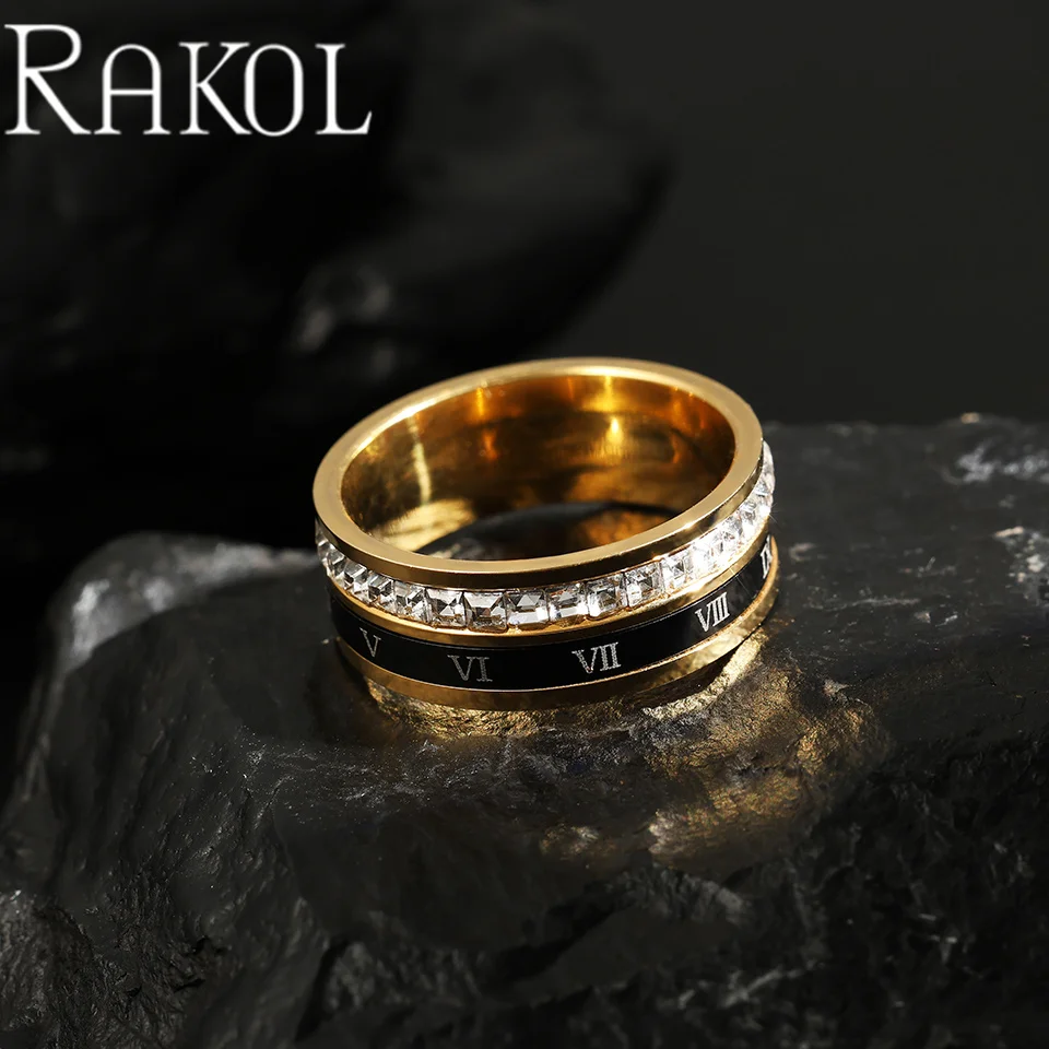 RAKOL ZPR1449 Korean Version Cross-border Full Set Zircon Rotatable Roman Numeral Stainless Steel Ring