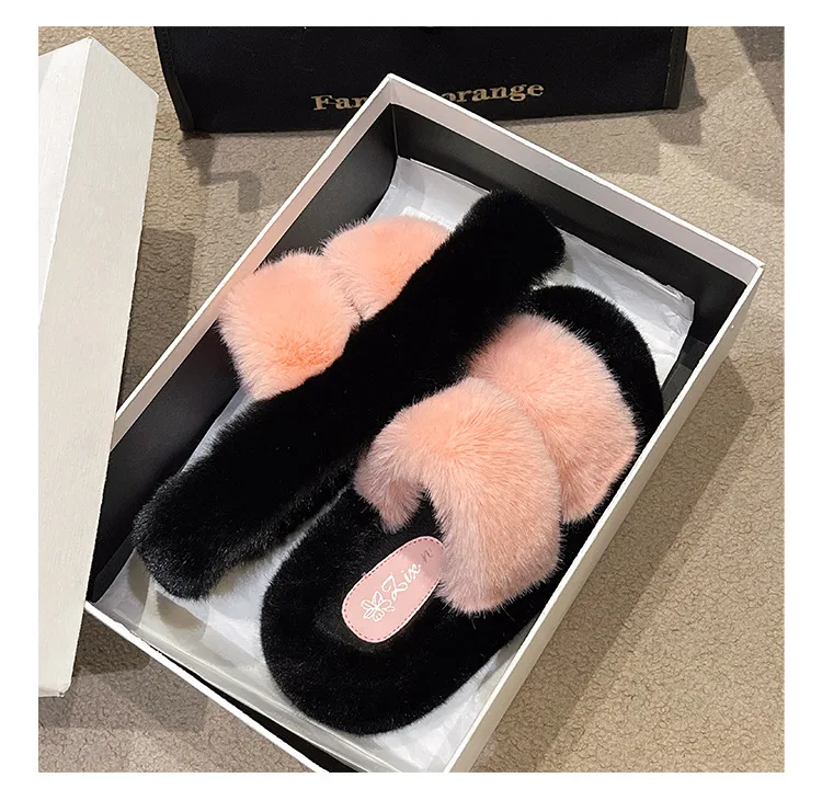 PDEP slipper femmes 2023 new color matching ladies flip flop thick bottom plush winter fashion fur  slippers women  wholesale.