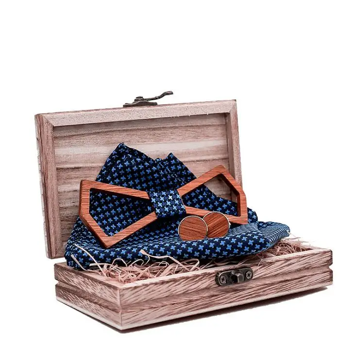 New product hollow carved solid wooden bow tie set celebration accessories gifts