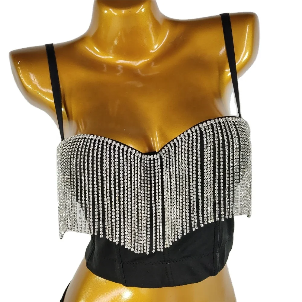 
Custom Women Shiny Rhinestone Fringe Trim Shining Backless Bustier Sexy Festival Top Party Nightclub Vest Crop Top 