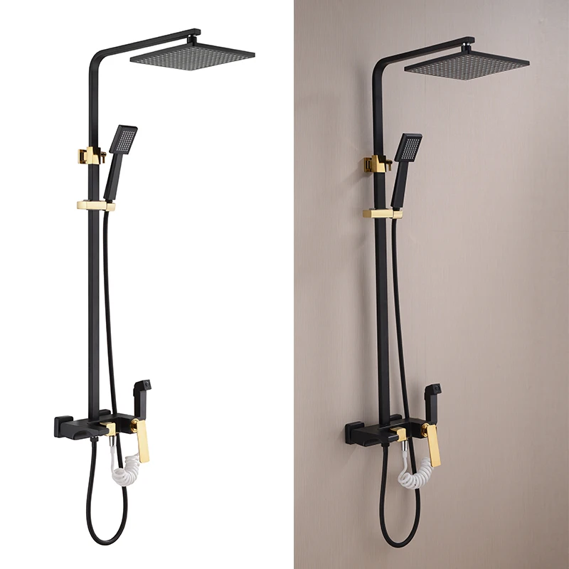 Black Gold Shower System Cold And Hot Water Mixer 4 Functions Contemporary Shower Faucets Bathroom Shower Set