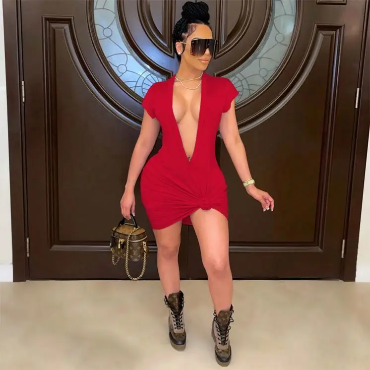 Female Foreign Trade Women Bodycon Sexy Evening Dresses Nightclub Wind Deep Collar Sexy Pure Color Dress Wholesale