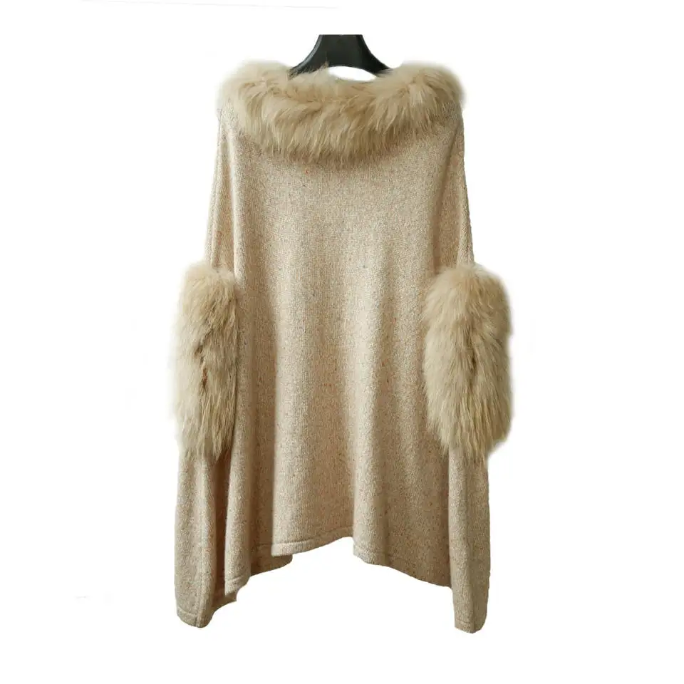 Wholesale Price Autumn Winter Raccoon Fur Ladies Shawls And Poncho Sweater With Fur