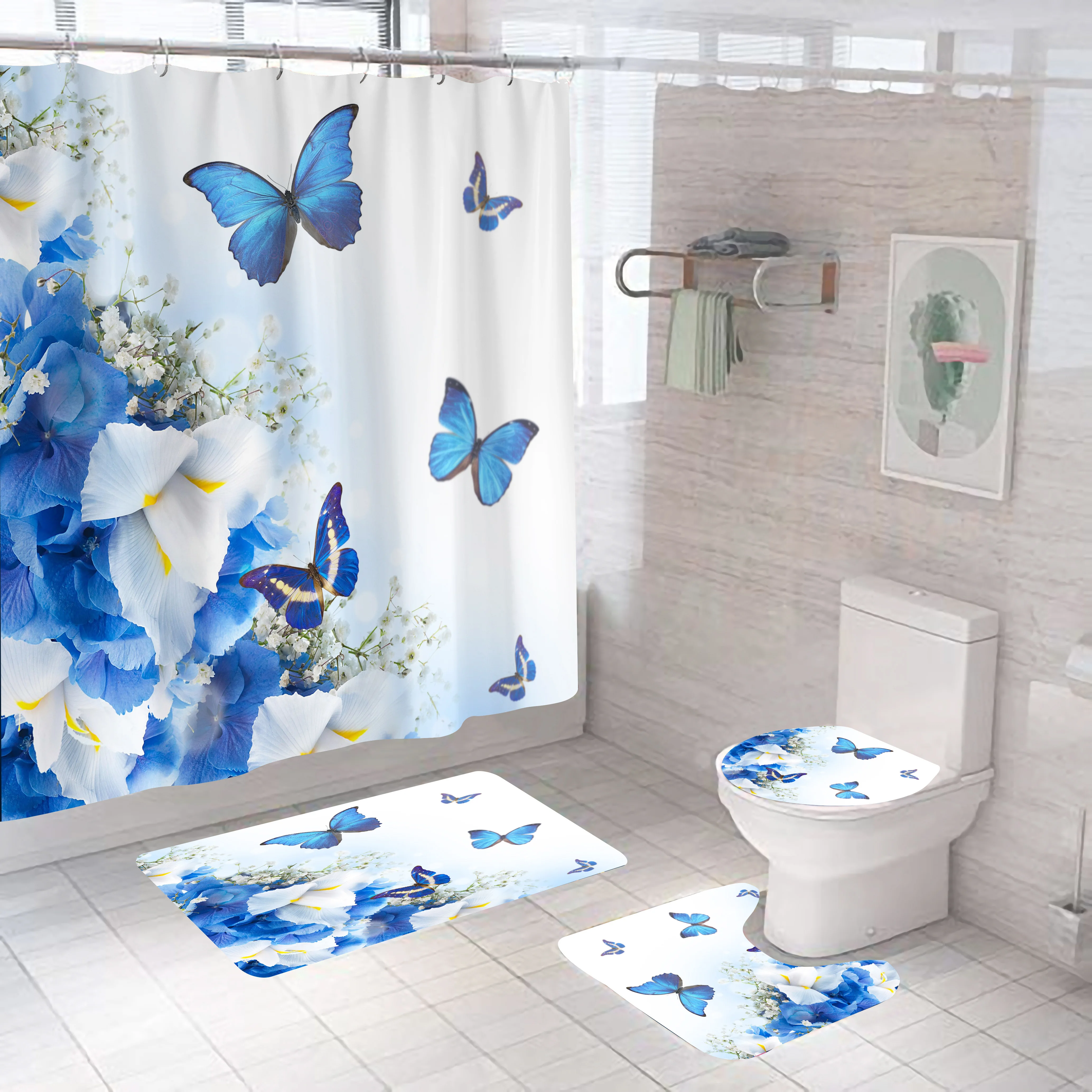 Colorful Butterfly series Customized Wholesale Shower Curtain  Bathroom Mat set Mat Shower 4 Pieces Set