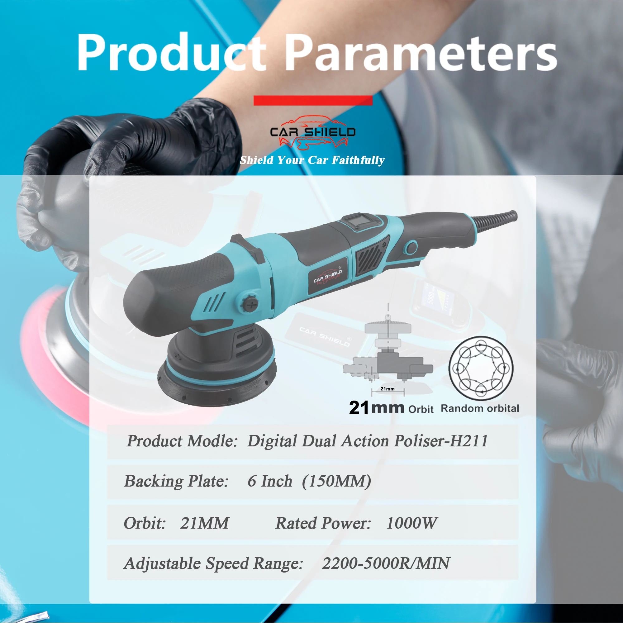 Car Shield 6 Inch 21mm Digital Long Throw Dual Action Polisher Random Orbital Polishing Machine for Premium Quality