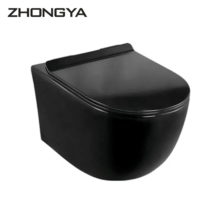 ZHONGYA Oem European sanitary ware black color wall mounted round toilet bowl rimless flushing system wall hung toilet