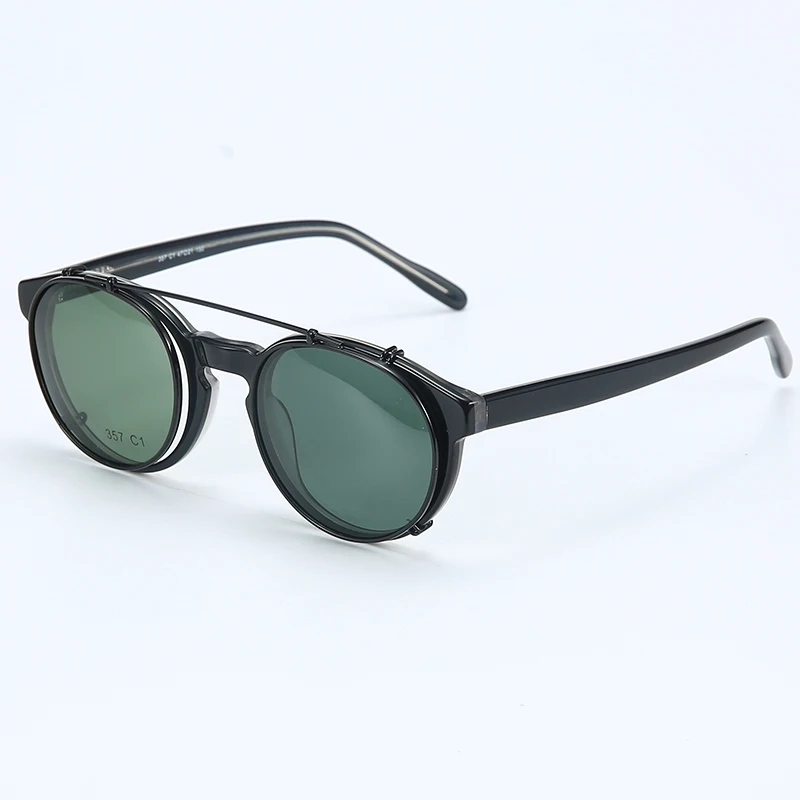 Italian Vintage Acetate Round Polarized Clip On Sun Glasses Frame