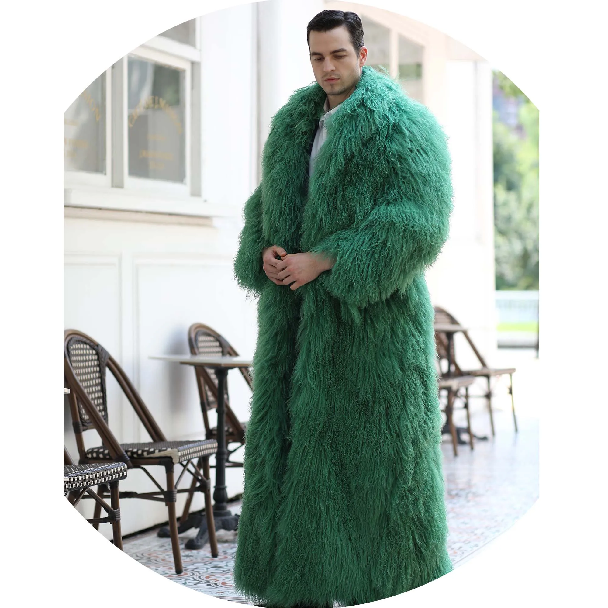 Big Size Hot Sell Fashion Winter Fur Overcoat Sheep Mongolian Fur Collar Long Coat For Men