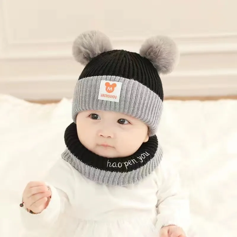 Infant Toddler Beanie Woolen Baby Hat Winter Twist Double Pom Pom Wool Knitted Cap for Kids
