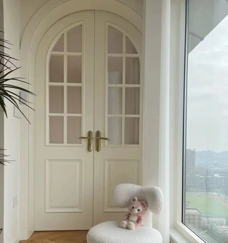 European arc double opening white door painted door stained glass solid wood arch double door