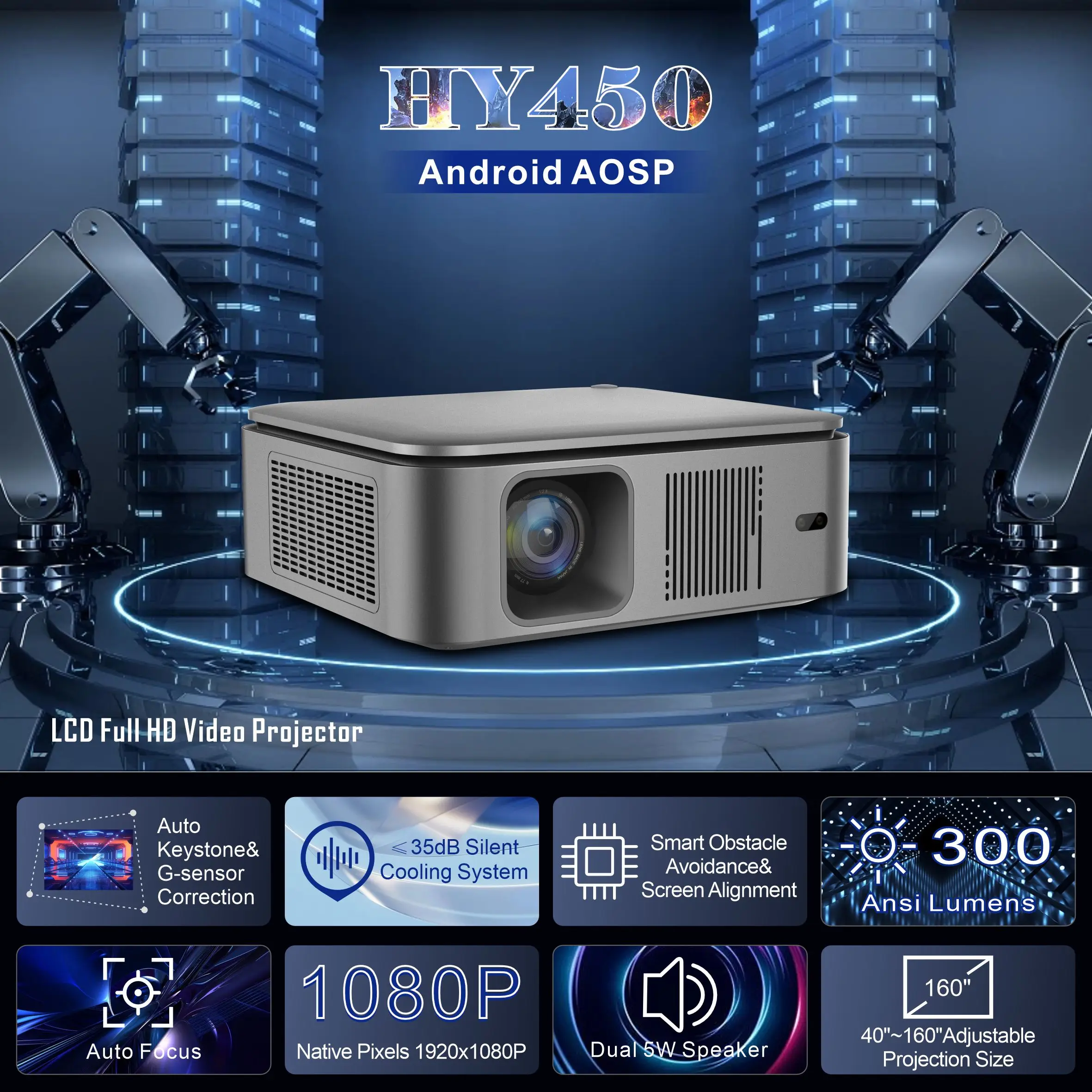 New HD 1080P Projector HY450 for Business Home Theater Cinema 300LM Movie Projector Portable outdoor 4k projector