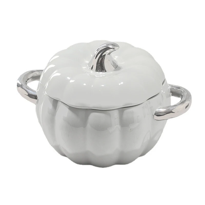 Festival Tableware Silver Plated White Porcelain Pumpkin Shape Ceramic Soup Tureen with Lid