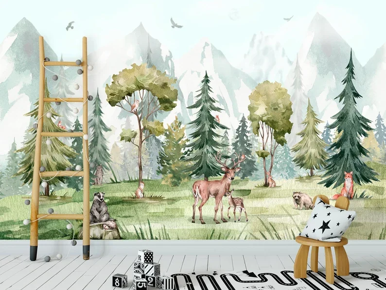 Beautiful OEM Forest Animals 3D Mural Wallpaper For TV Background Home Decoration