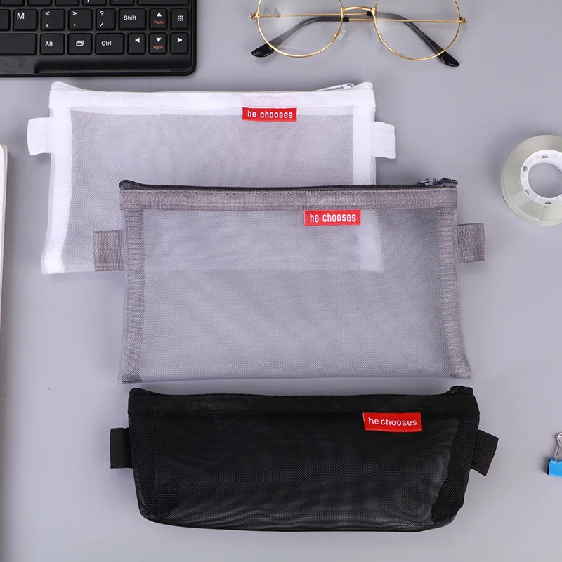 Fashion Mesh Pencil Cases Ladies Cosmetic Bag Women Travel Toiletry Pouch Nylon Mesh Zipper Makeup Cosmetic Pencil Bag