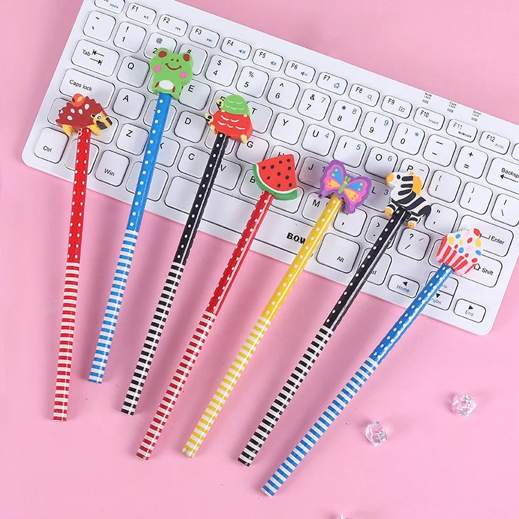 School Suppliers High Quality Stationery Gift Pens Smooth Writing Office Cartoon Pencil With Eraser Topper