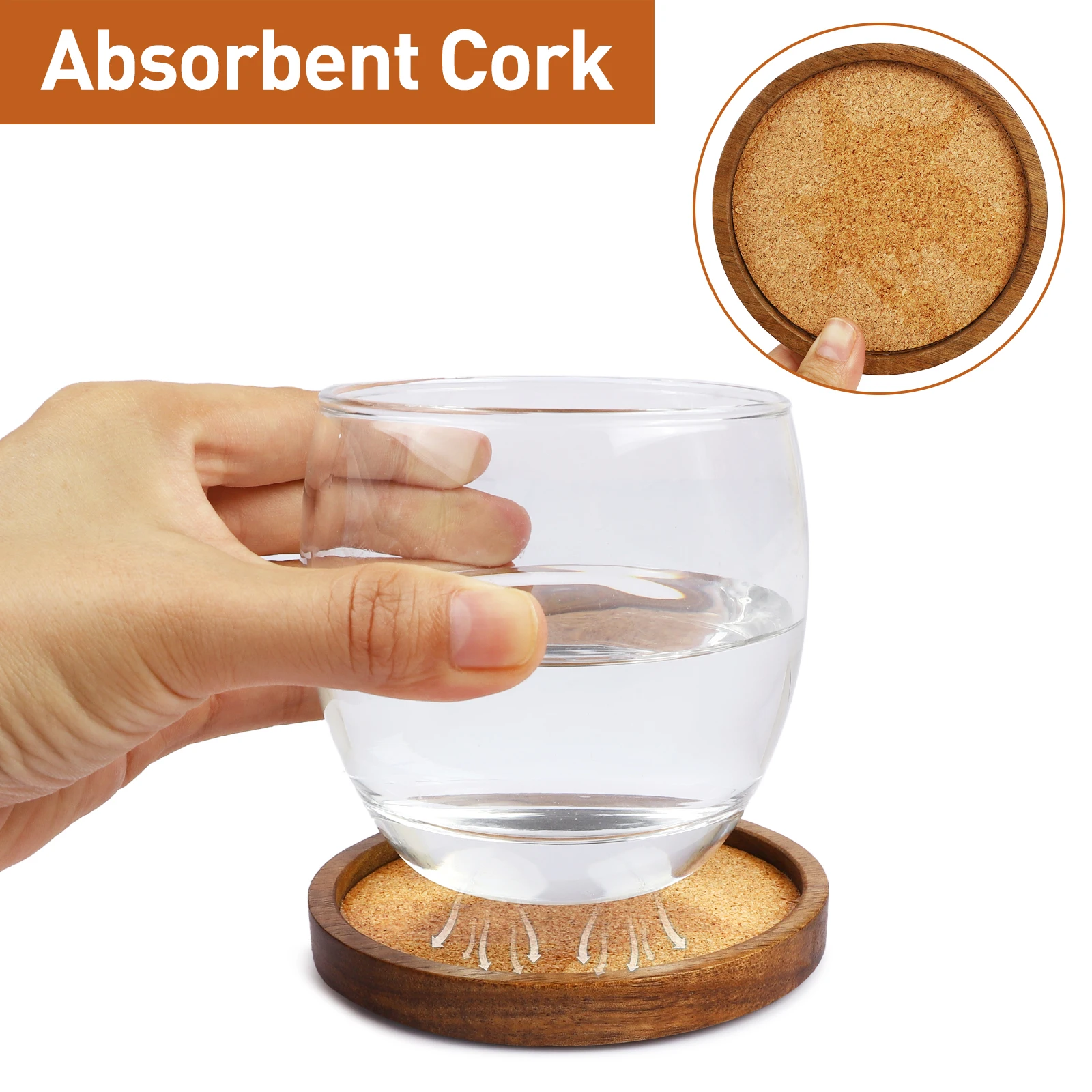 XH Stackable Acacia Wood Coasters set of 4 with absorbent Cork for table Drink Coasters Set for Tabletop Coffee