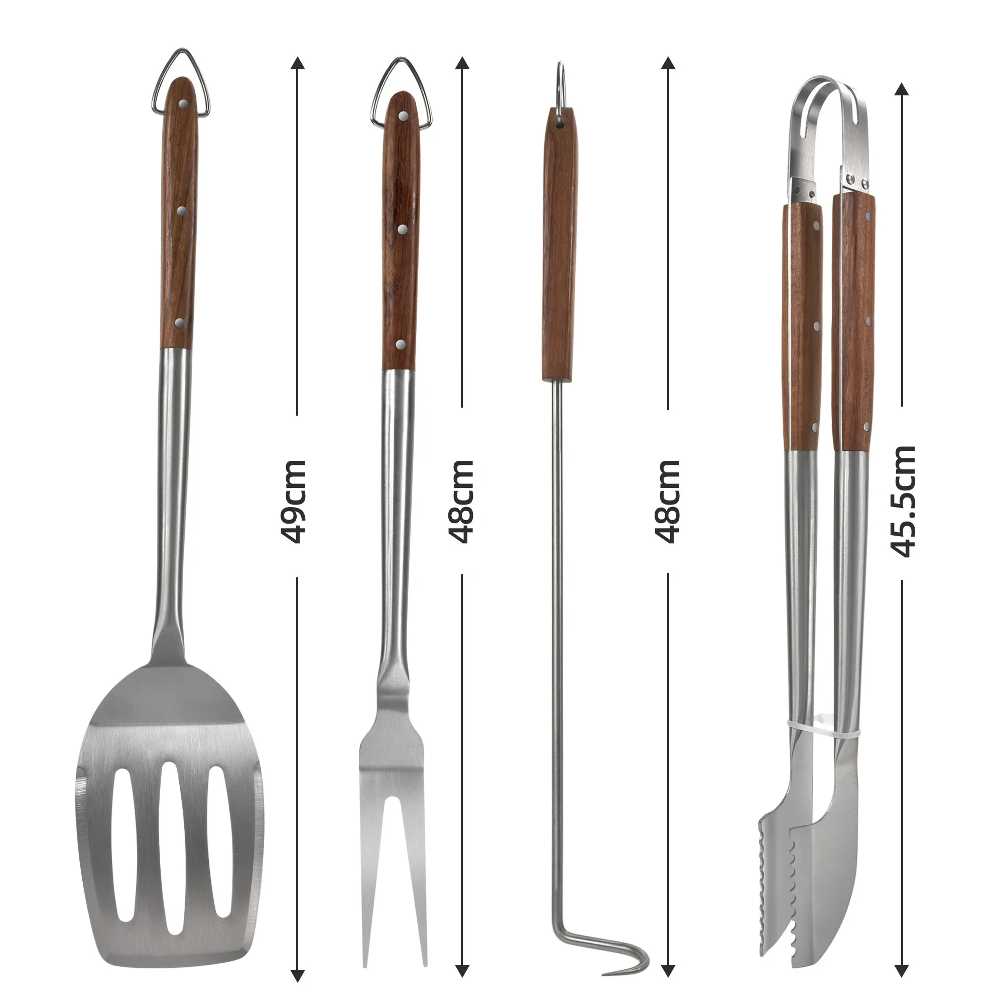 New Arrivals 4 Piece Rose Wood Handle Stainless Steel Barbecue Grill Set