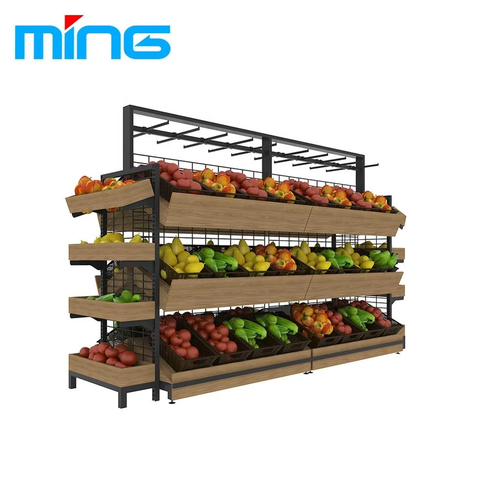 Double-side Three Layers Grocery Store Fruit Vegetable Storage Display Shelf