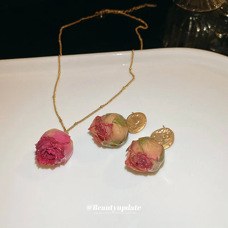 Titanium Steel Stainless Dried Rose Real Flower Ear Stud Necklace Suit Princess Style Clavicle Chain Temperament Elegant