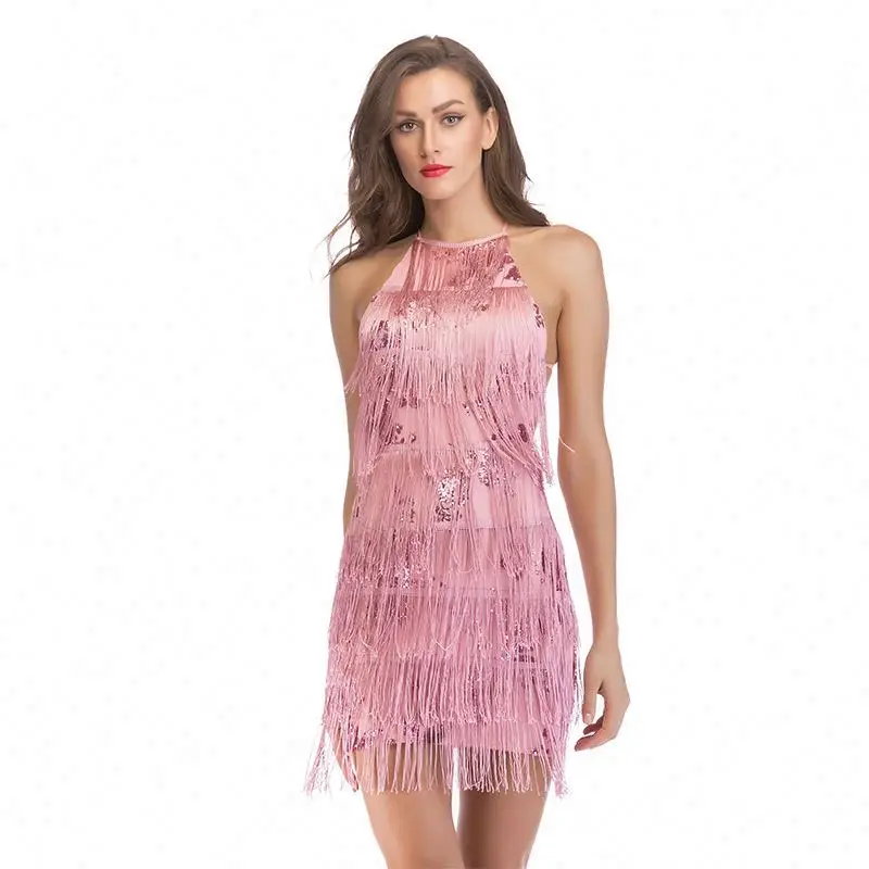 Amazon Wish Hot Sell Ladies Dress Pencil Skirt Tassel Halter Dress Party Dresses Pink