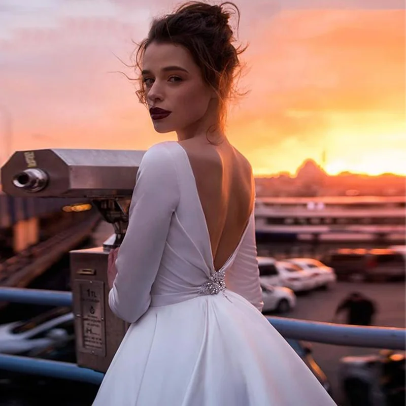 Hongkong Full Sleeve Satin Sexy Open Back Wedding Dresses With Long Train