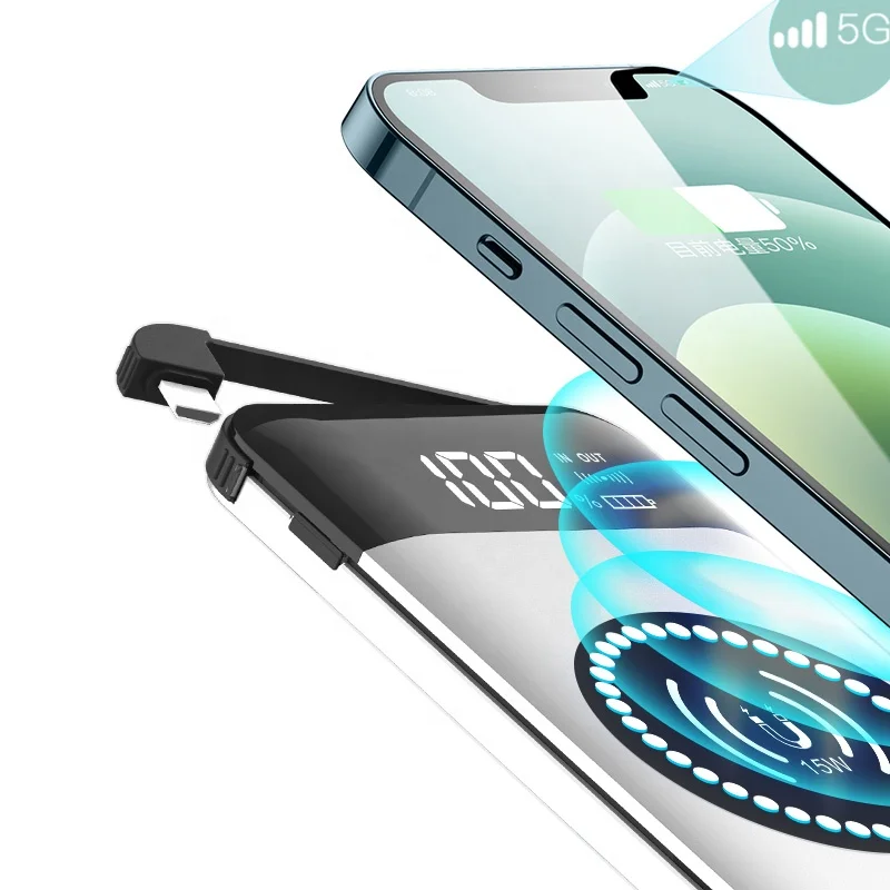 hot selling 15W portable handy wireless power bank magnetic10000mAh build in cable powerbank for iphone 12